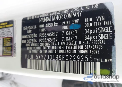 2014 Hyundai Santa Fe Sport 2.4L z USA, uszkodzony, nr VIN 5XYZU3LB9EG229255